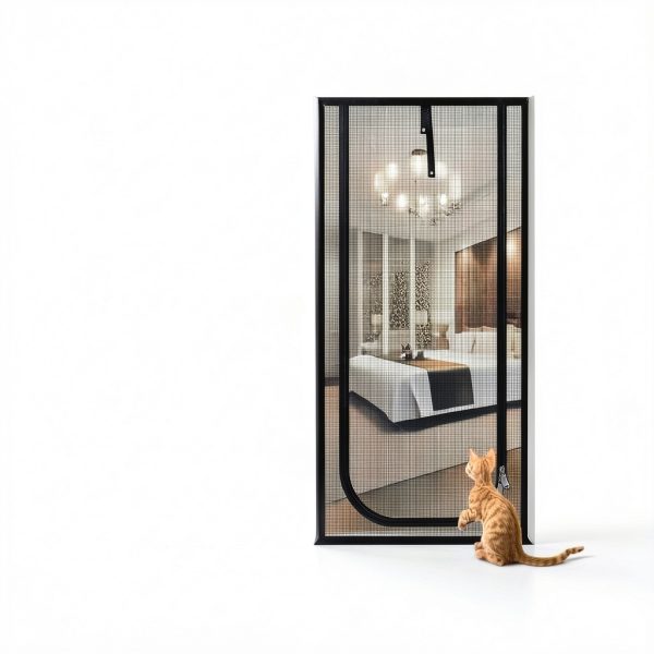 QWR Reinforced Cat Screen Door Zipper Pet Door White Black-3