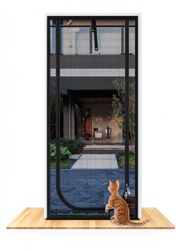 QWR Reinforced Cat Screen Door Zipper Pet Door White Black-0